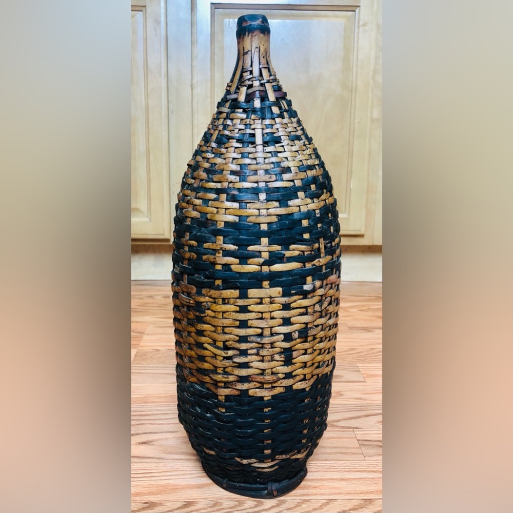 Antique Vintage Wicker Rattan Wrapped Bottle Covering Holder 18.5”